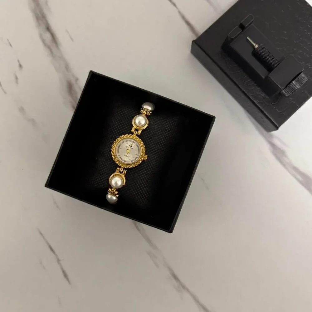 SKU0001 Retro Mini gold silver watch‎ bracelet white pearls Gemstones + gift box